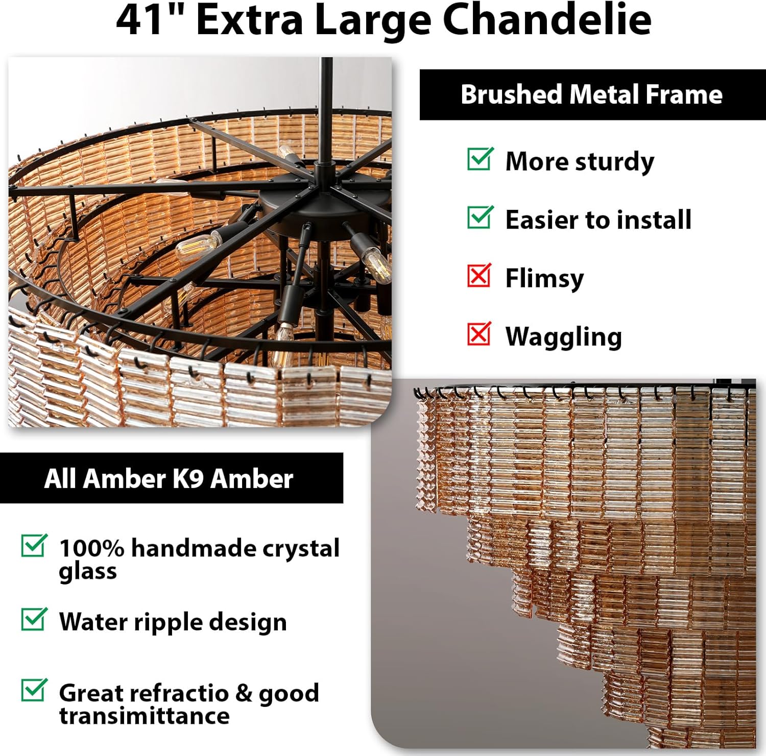 41" Extra Large 18-Light Amber Glass Black Round Chandelier