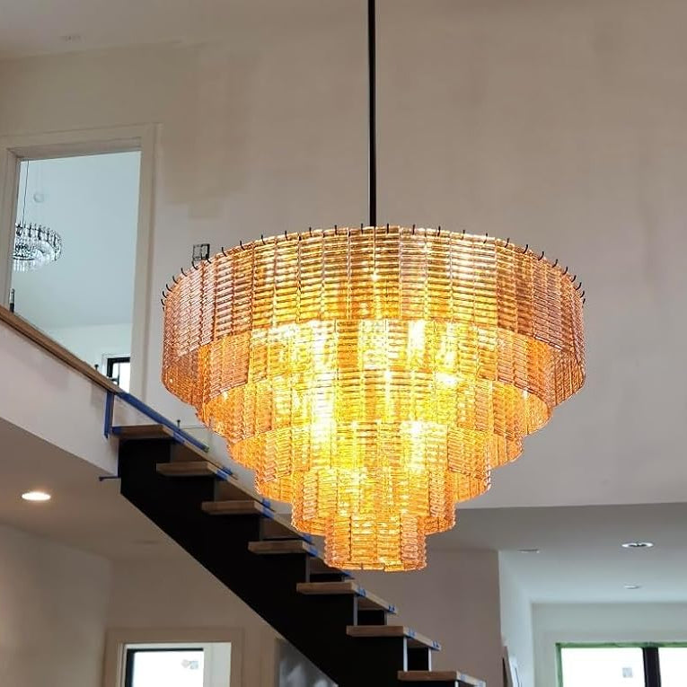 41" Extra Large 18-Light Amber Glass Black Round Chandelier