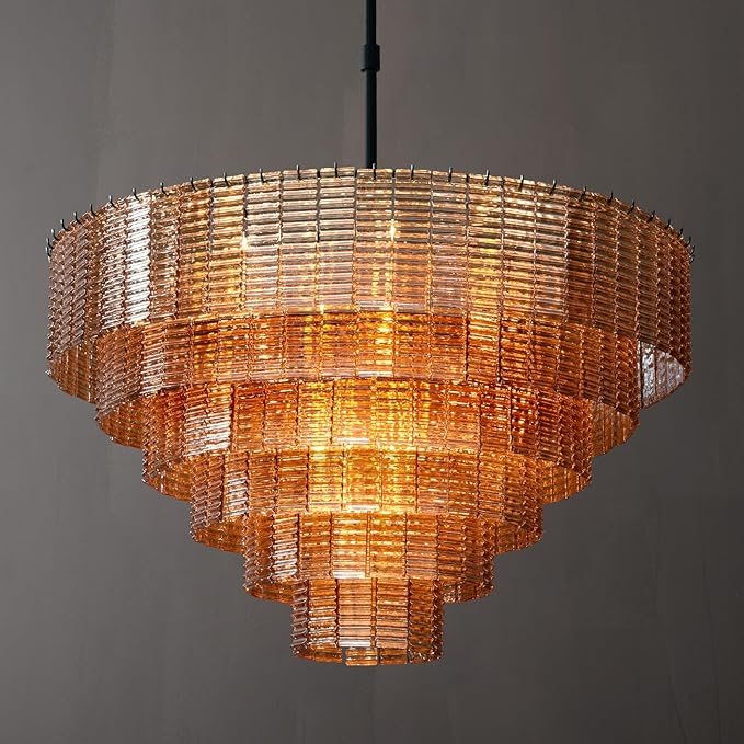 41" Extra Large Amber Glass 18-Light Black Round Chandelier