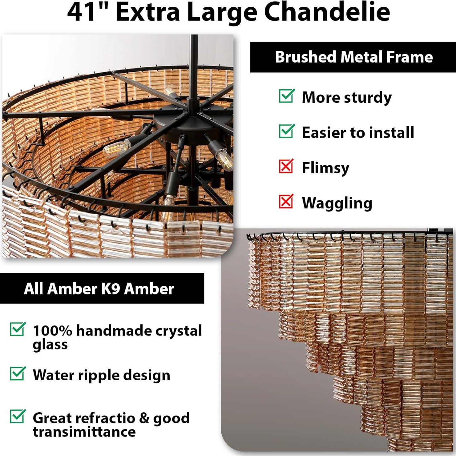 41" Extra Large Amber Glass 18-Light Black Round Chandelier