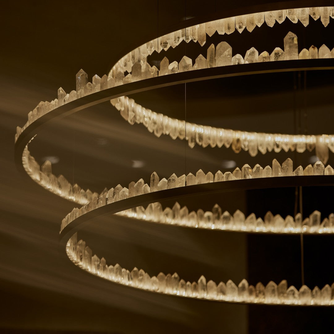 36 Inch Round Modern Chandelier Brass & Clear Geode Quartz Crystal Hanging Light