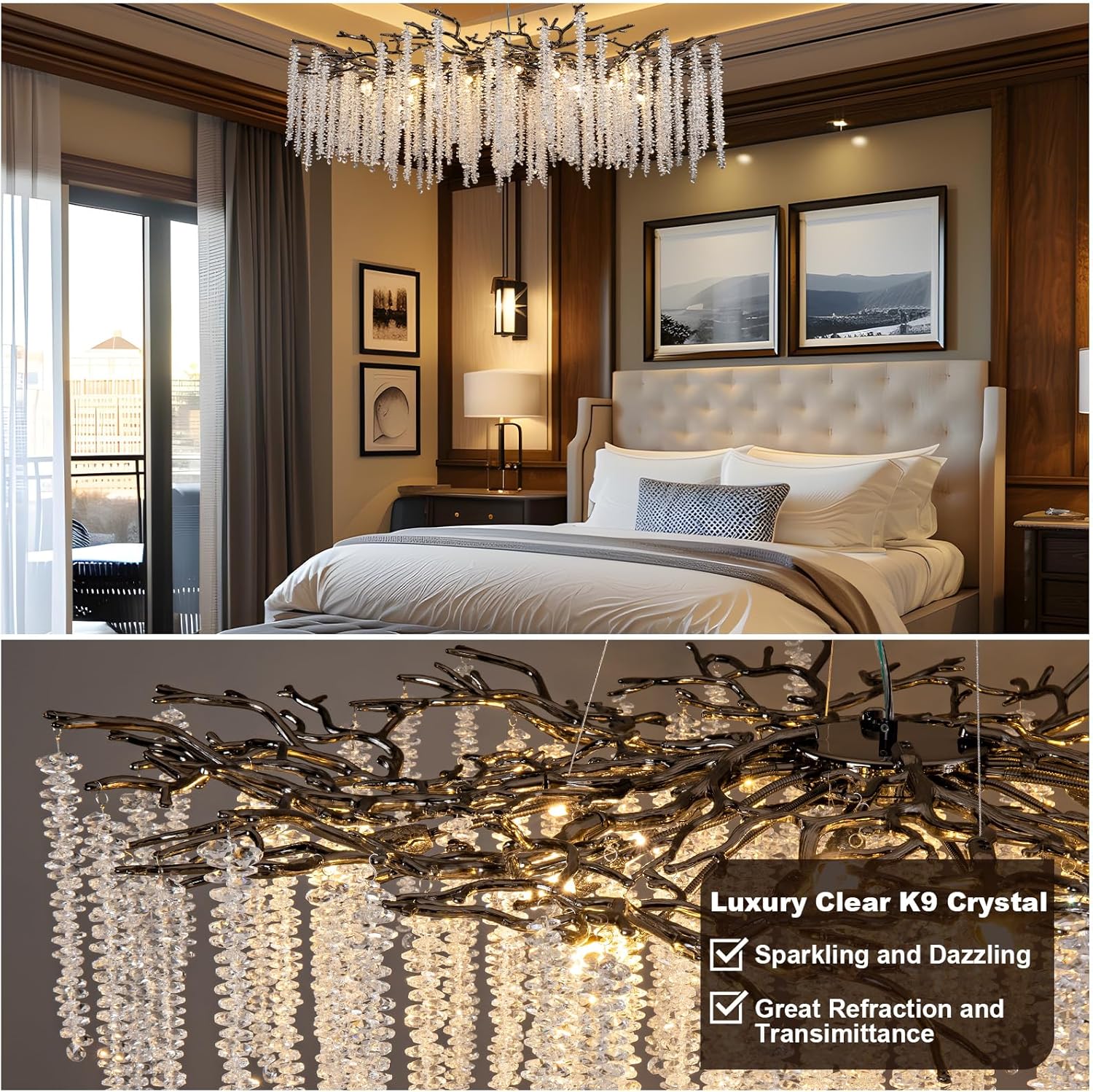 YUYI 47.2" Black Modern Crystal Chandelier for Dining Rooms