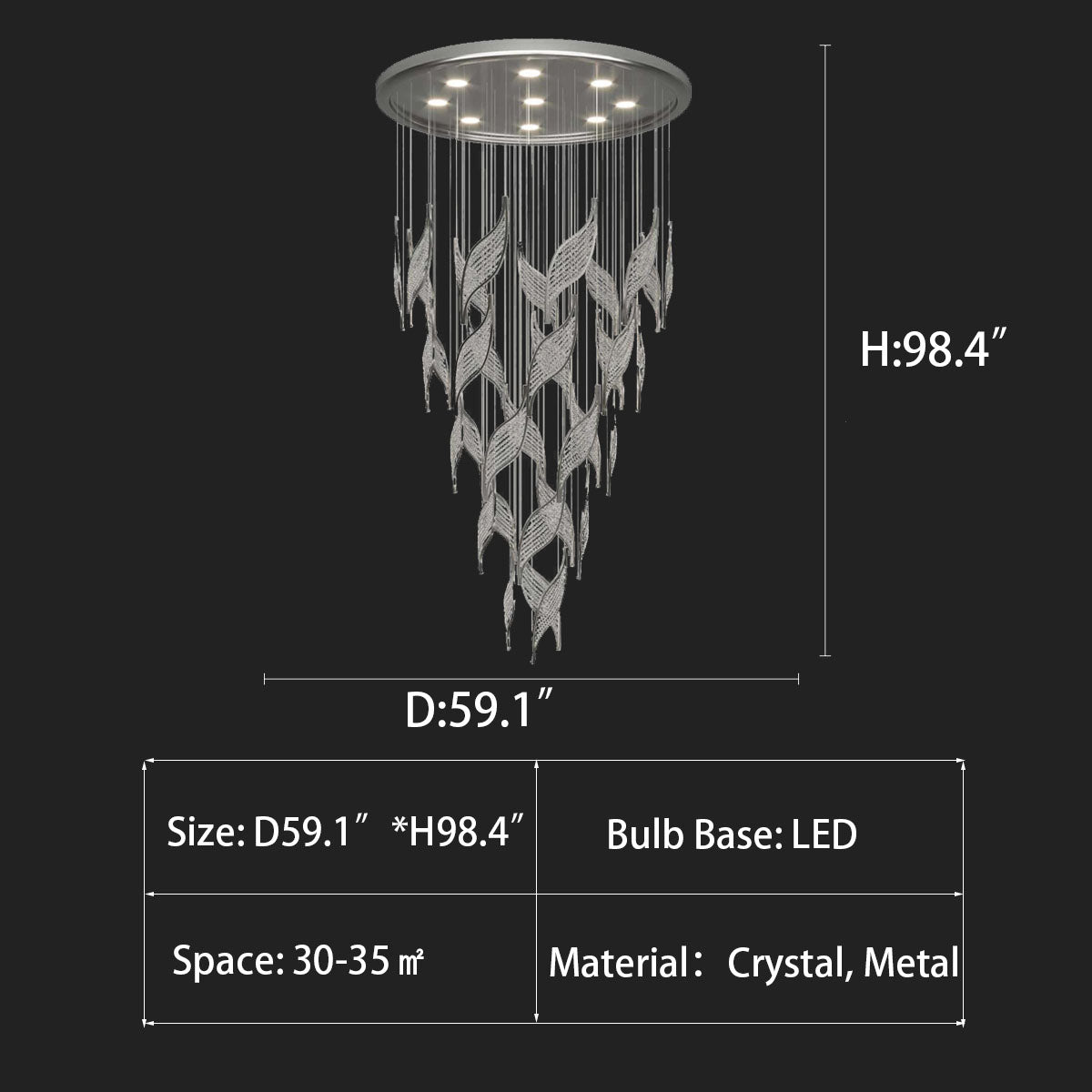 leaf, shining, light luxury, round, LED, living room, staircase, duplex, hBUlow, crystal, metal, Loft