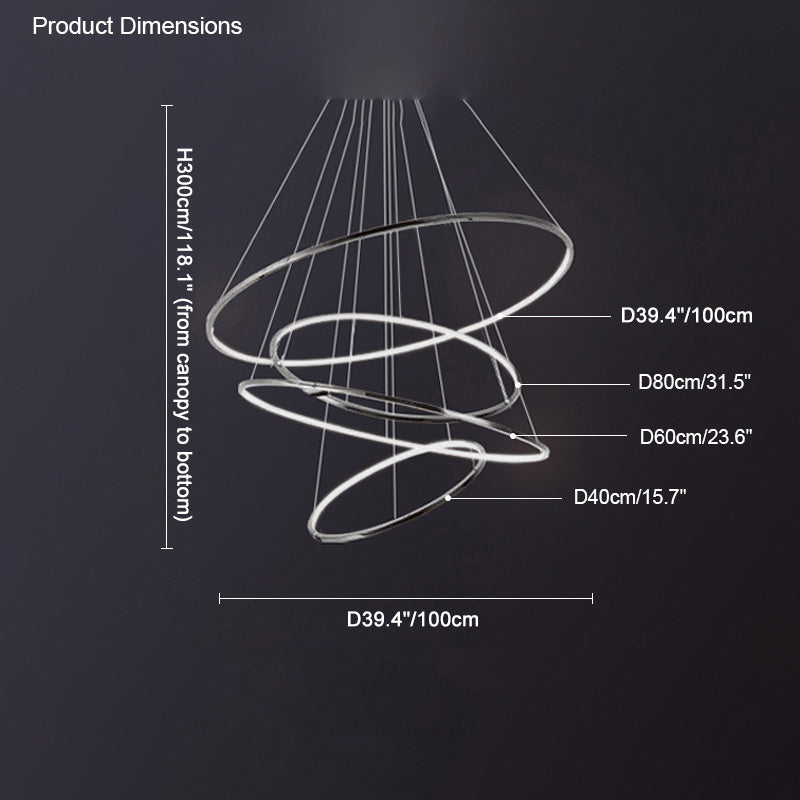 Shiny-black four-ring dimension guide showing a 118.1-inch overall drop and 39.4-inch maximum diameter for precise foyer planning.