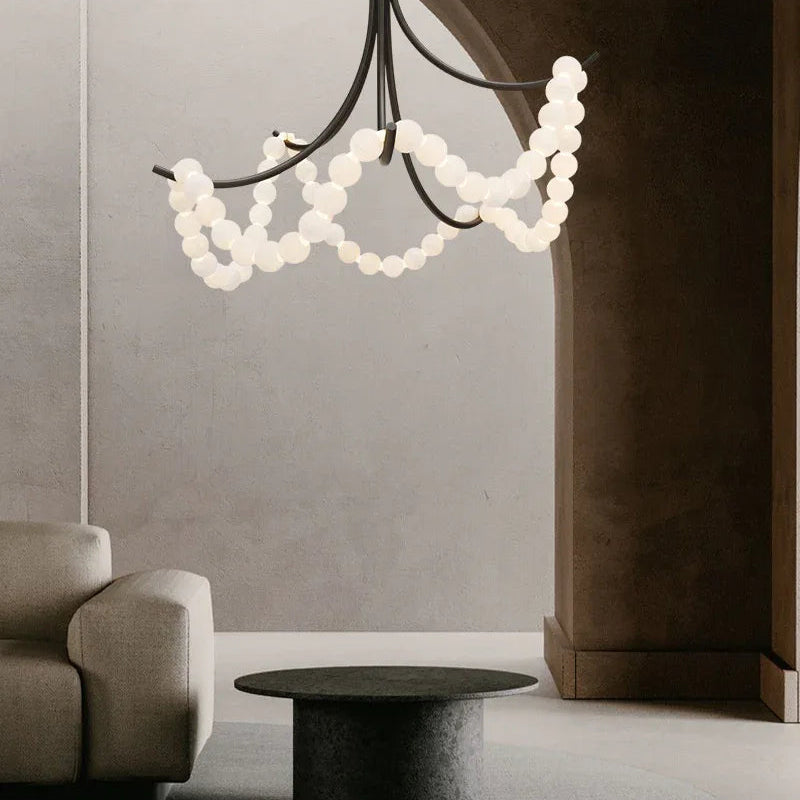 Cluster String Alabaster Beads Semi Flush Chandelier in Brass & Black Metal Rod American chandelier