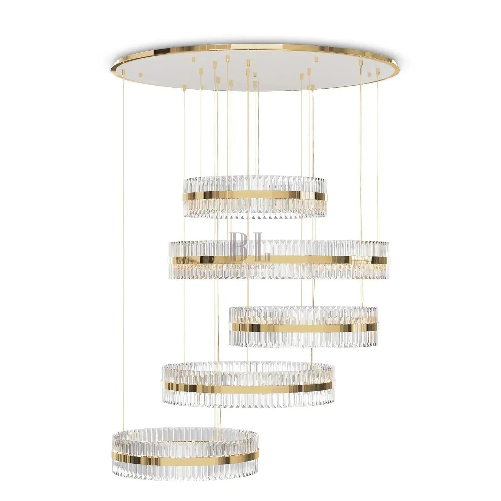 5-Ring Crystal Chandelier in Gold Finish-Chandeliers-Blushlighting-Canopy D47.2"*H118.1"-White Canopy-Warm Light-Blushlighting