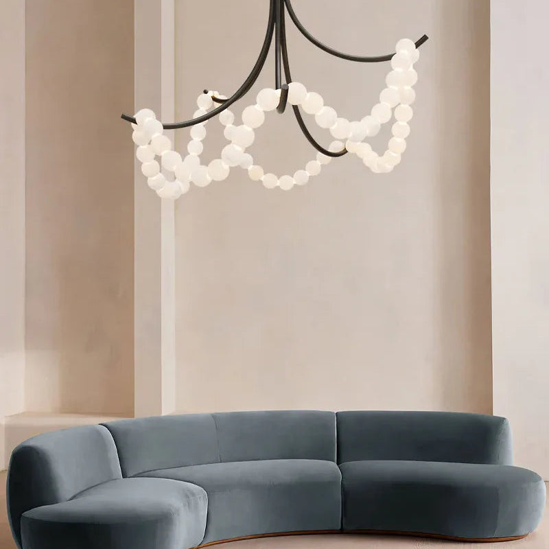 Cluster String Alabaster Beads Semi Flush Chandelier in Brass & Black Metal Rod American chandelier