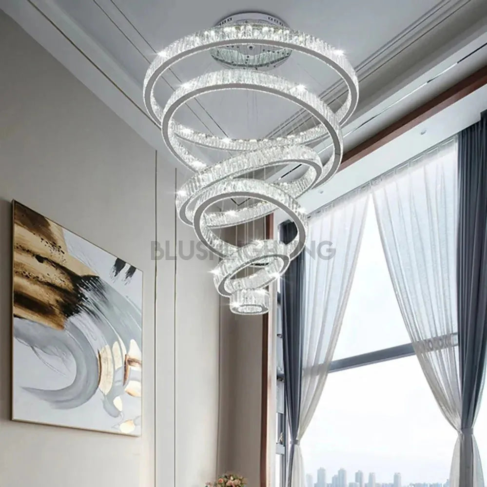 6 Tier Crystal Ring Chandelier for High Ceiling - ChromeWarm white 3000KBlushlighting