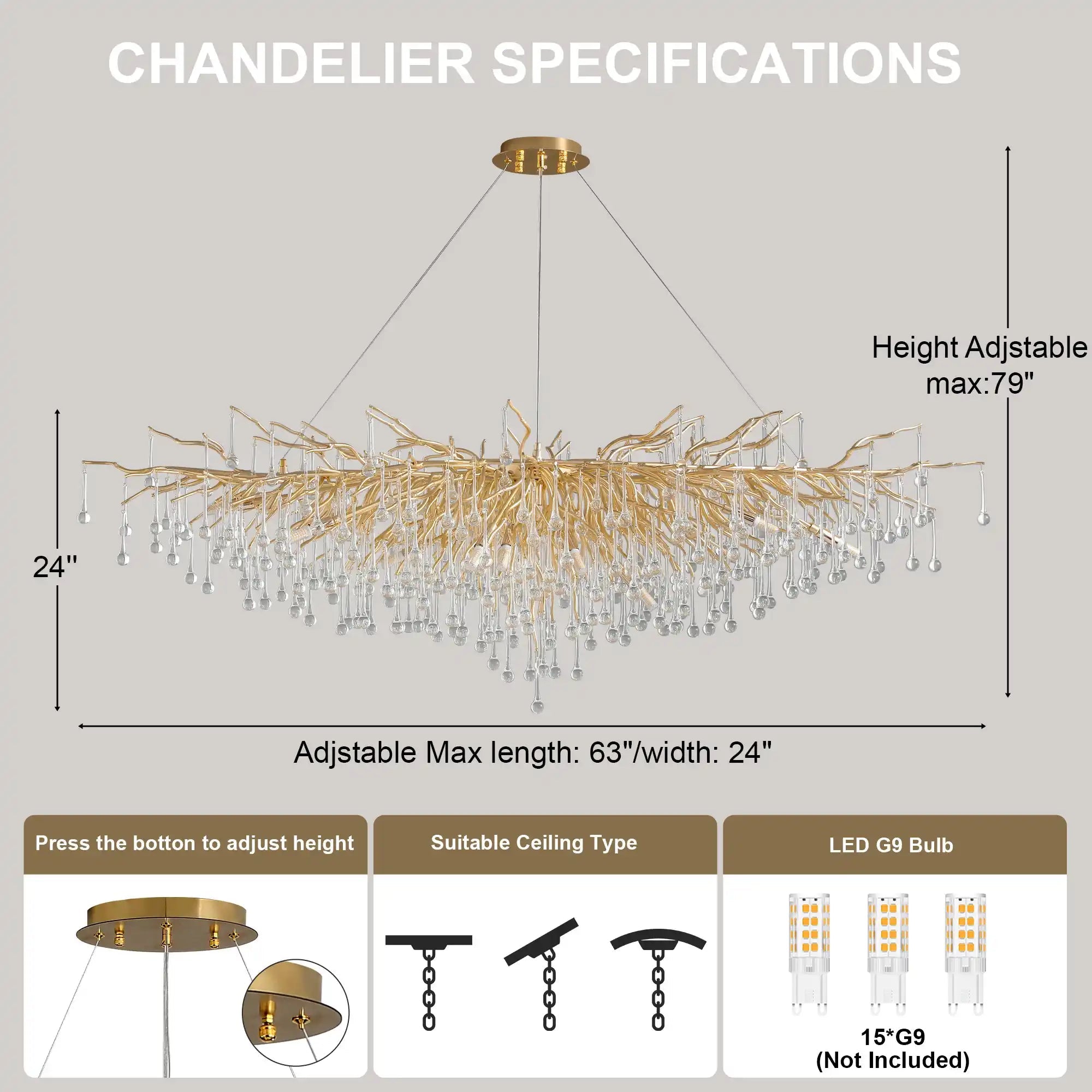63" Modern Crystal Tree Branch Chandelier with 15 Lights - GoldRectangular - L63"Blushlighting