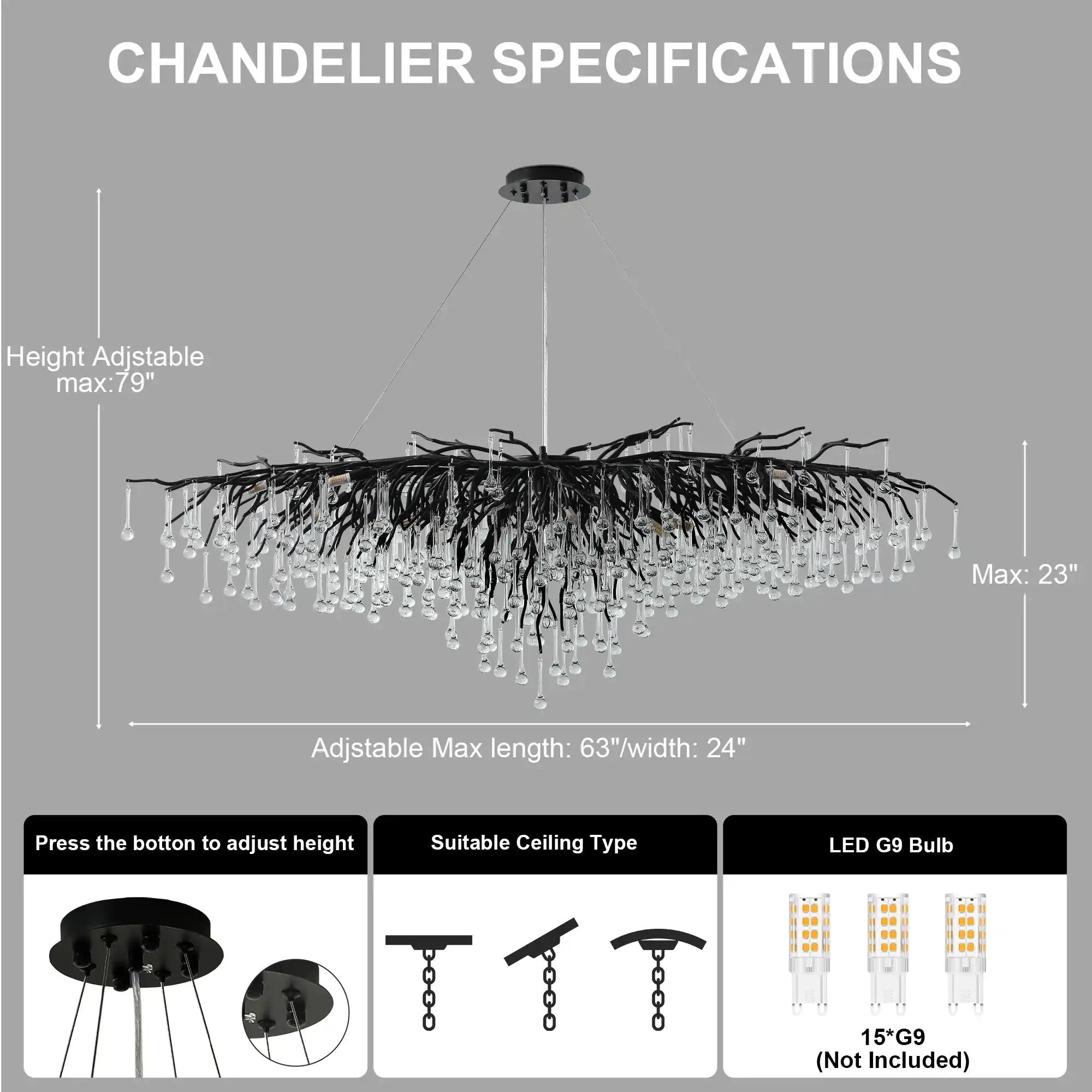 63" Modern Crystal Tree Branch Chandelier with 15 Lights - BlackRectangular - L63"Blushlighting