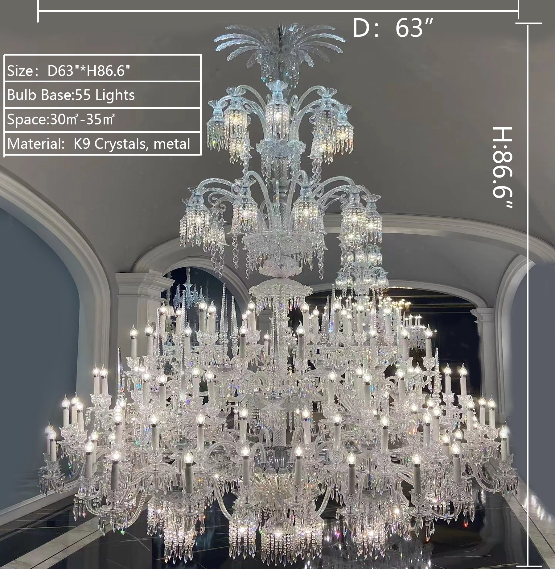 extra large D63inches*H86.6inches contemporary  chrome crystal chandelier for hotel hall/lobby,villa staircase/foyer.