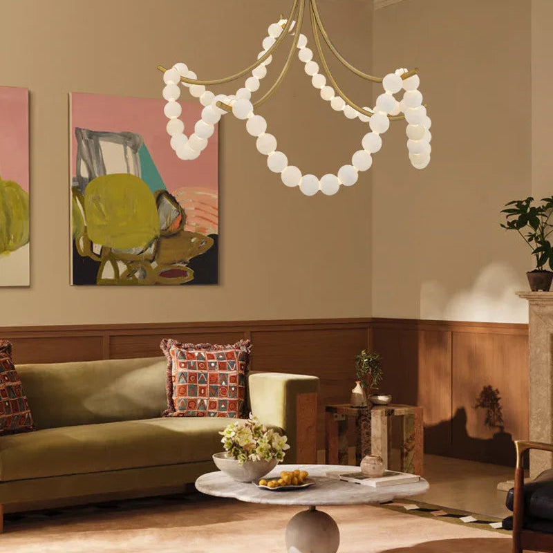 Cluster String Alabaster Beads Semi Flush Chandelier in Brass & Black Metal Rod American chandelier