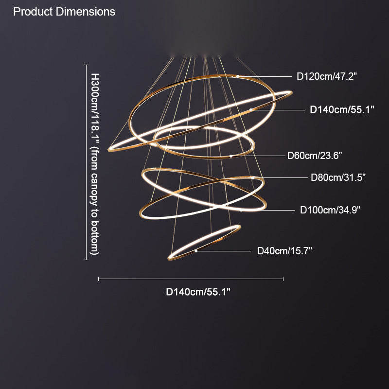 Golden six-ring chandelier dimension guide showing a 55.1-inch maximum width and multiple graduated ring sizes.