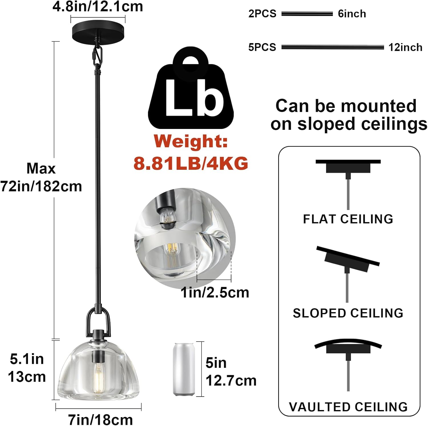 7" Black Glass Modern Pendant Light with Adjustable Height and Included E12 Bulb - Black - 7in - 1PC - RodsBlushlighting