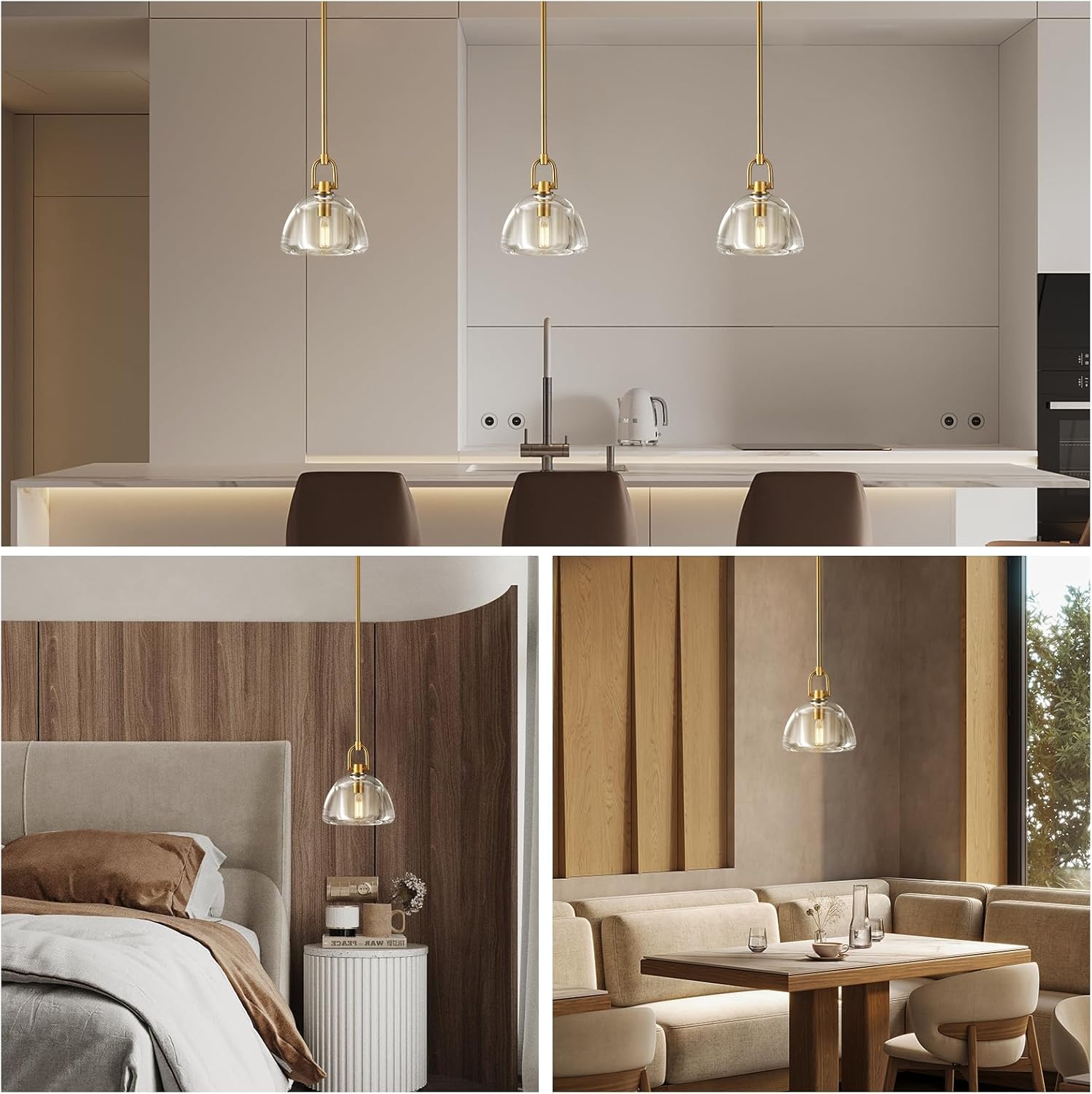 7-inch Glass Brass Pendant Light with Adjustable Height – 2 Pack
