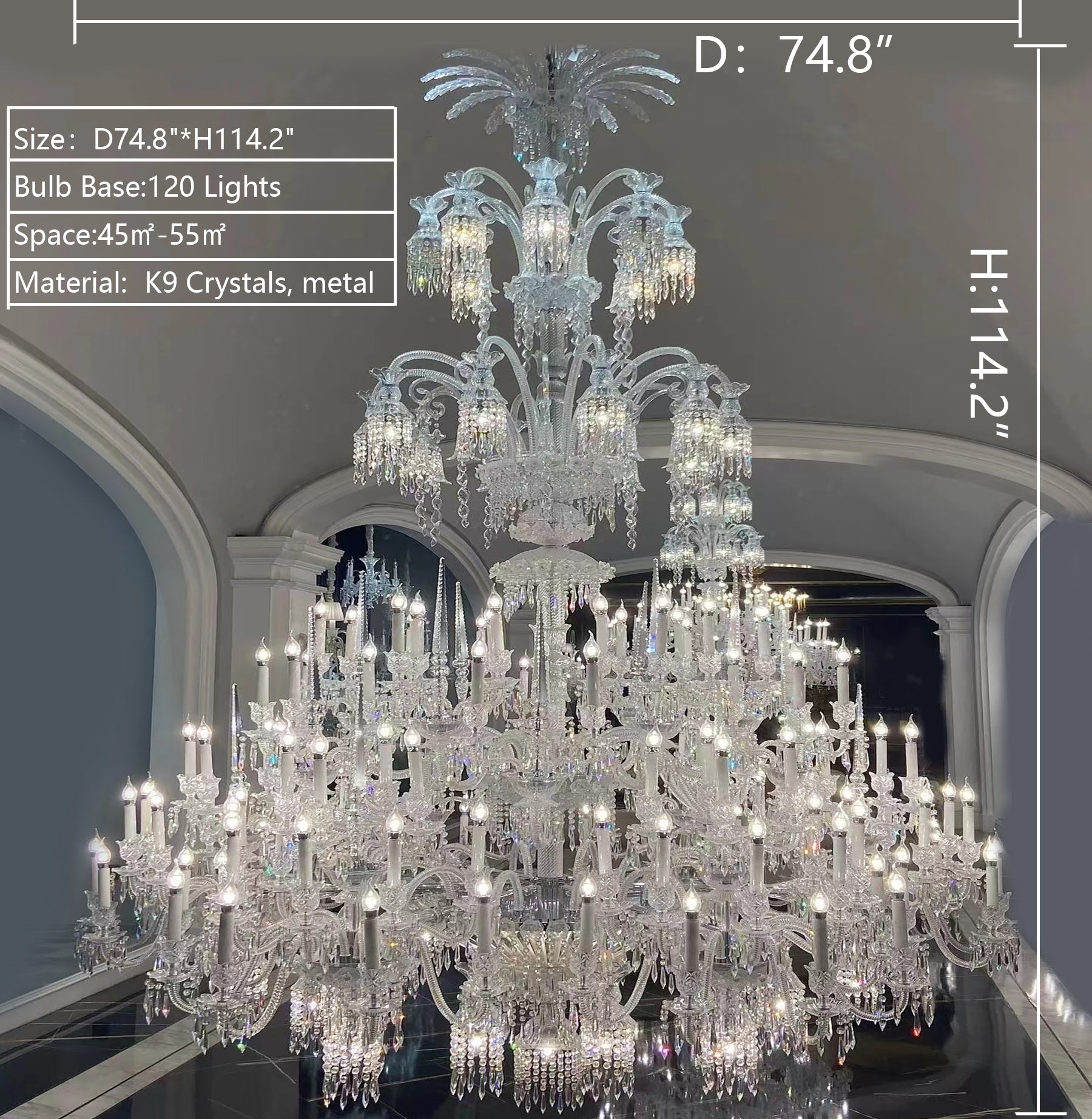 D74.8inch* H114.2iy huge farmhouse crystal chandelier  contemporary sputnik chrome light lamps,for extravagant villa/hotel hall,lobby,entryway /dining room/living room/duplex building foyer