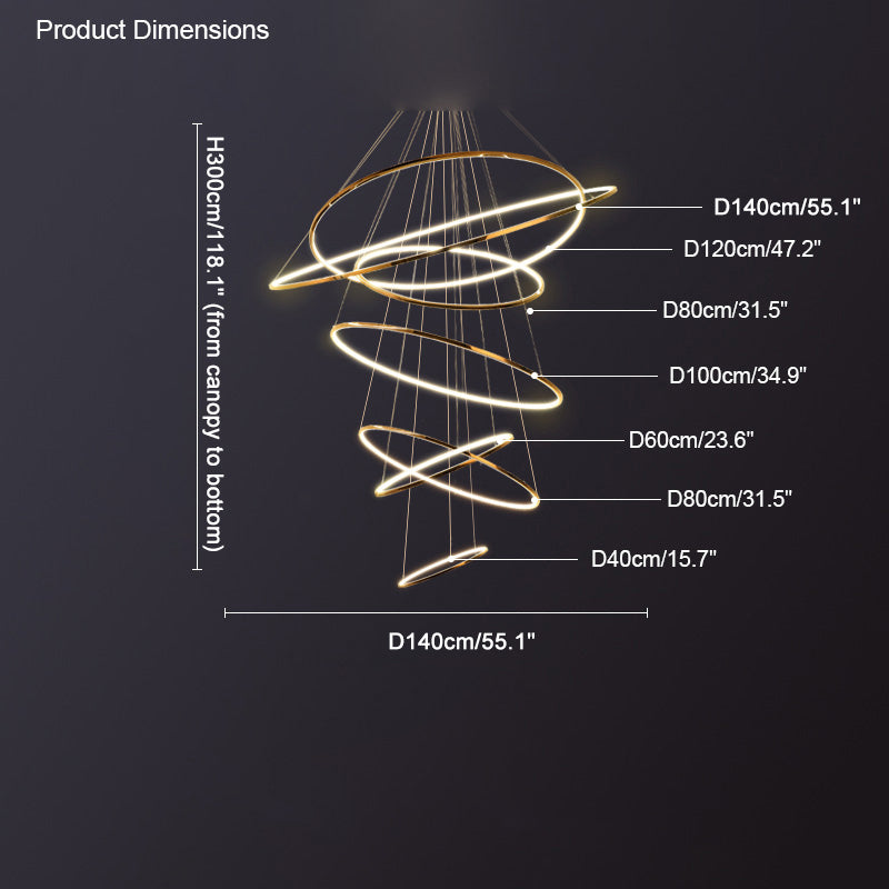 Golden seven-ring configuration arranged within a 118.1-inch drop, designed to create a fuller staircase light sculpture.