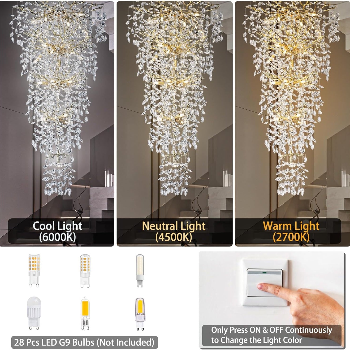 63'' Long Crystal Chandelier for High Ceiling, 28-Light Modern Gold Tree Branch Chandelier, Large Chandeliers for Foyer Entryway Staircase Living Room, 5-Tier Luxury K9 Crystal Raindrop Light Fixture