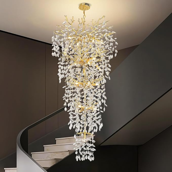 63'' Long Crystal Chandelier for High Ceiling, 28-Light Modern Gold Tree Branch Chandelier, Large Chandeliers for Foyer Entryway Staircase Living Room, 5-Tier Luxury K9 Crystal Raindrop Light Fixture