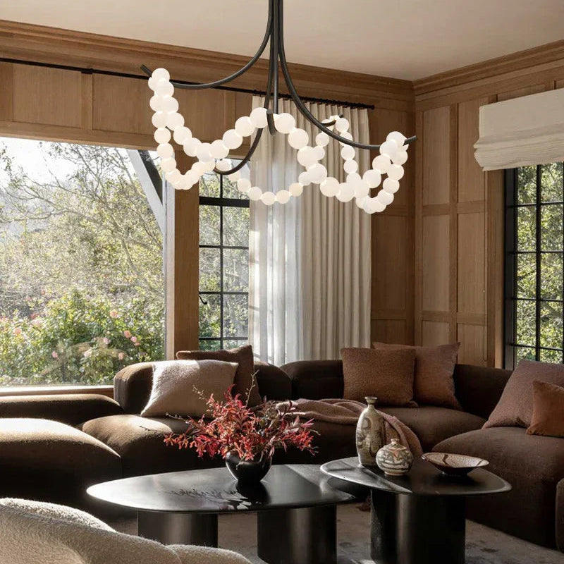 Cluster String Alabaster Beads Semi Flush Chandelier in Brass & Black Metal Rod American chandelier