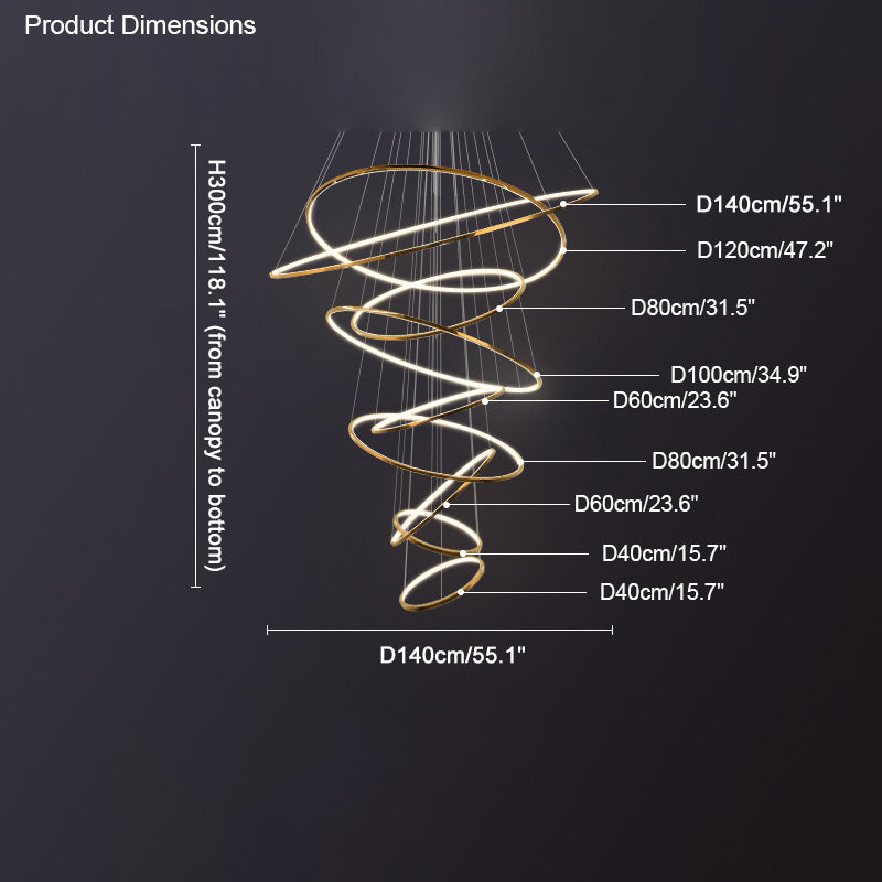 Golden nine-ring configuration with varied diameters, creating a long, layered profile for especially tall entryways.