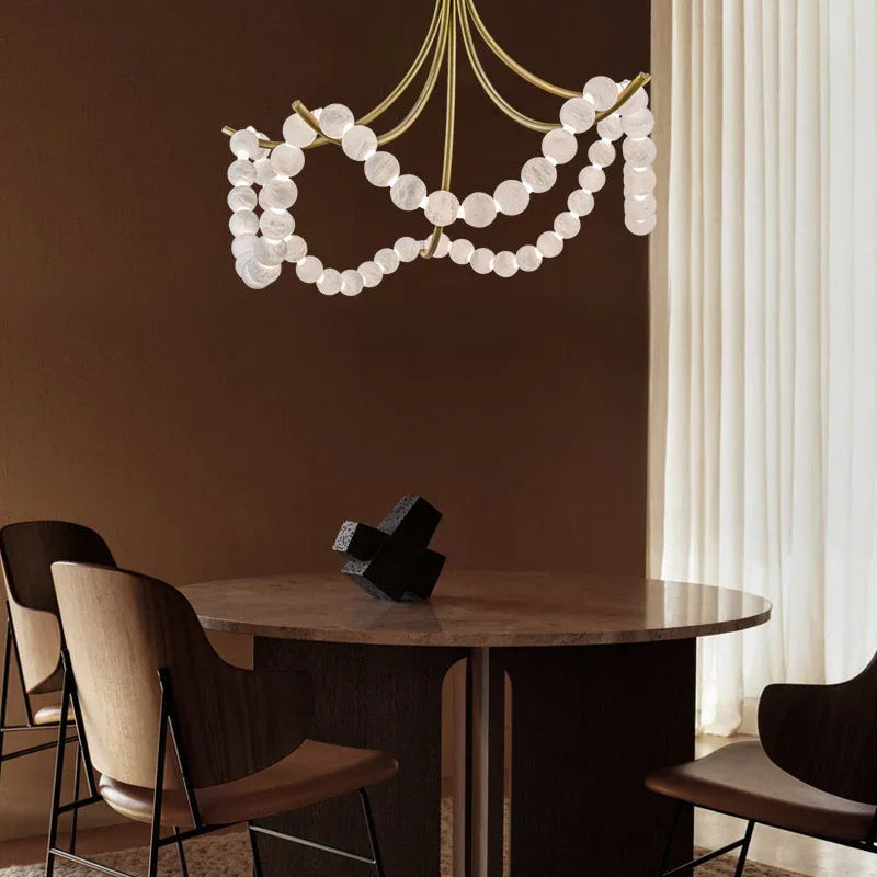 Cluster String Alabaster Beads Semi Flush Chandelier in Brass & Black Metal Rod American chandelier