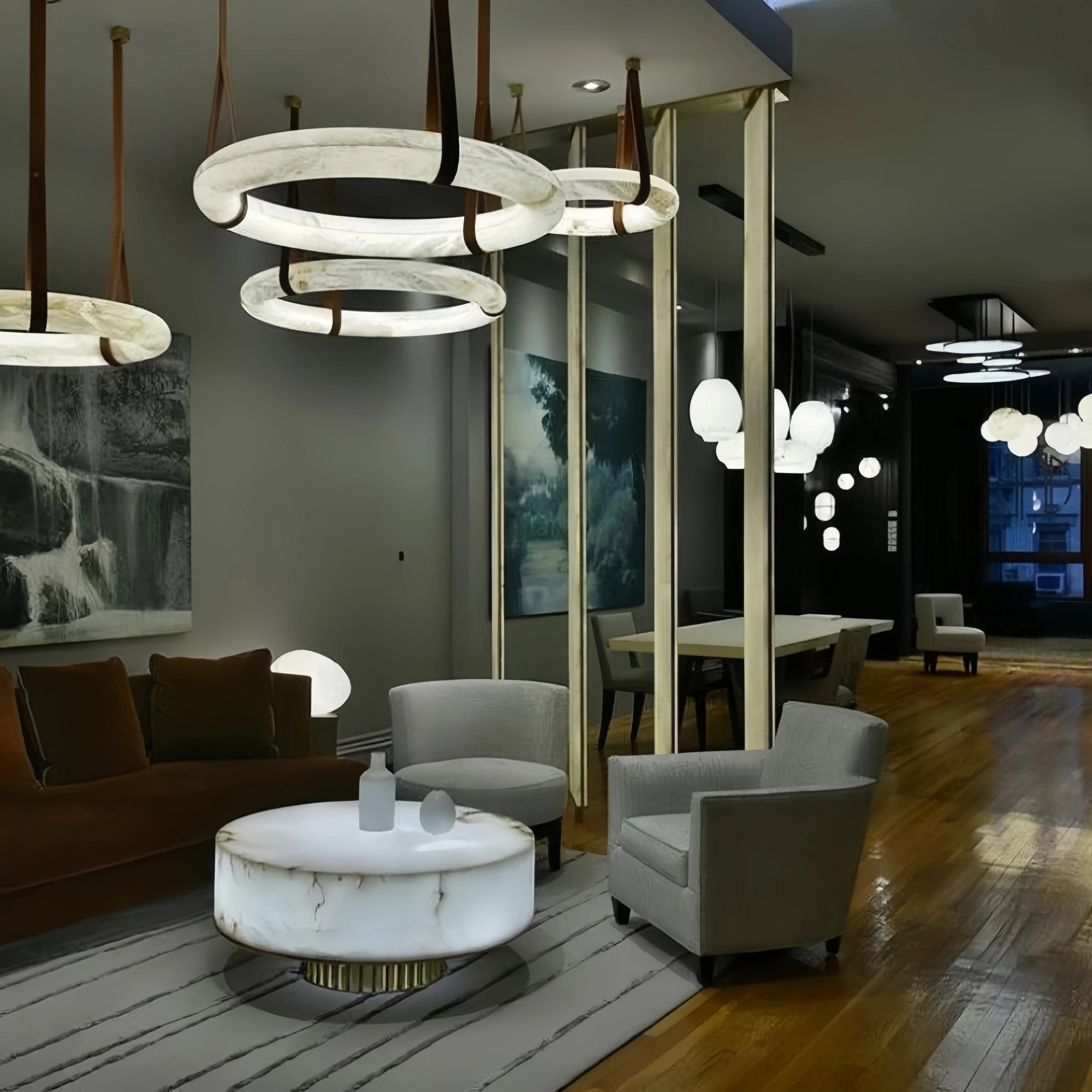 Oslo L1P Pendant Alabaster Chandelier, Halo Ring Chandelier With canopy Over Dining Table-Chandelier-Blushlighting