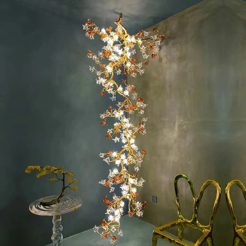 Verdant Branch Copper Vine Glass Flower Stairwell Chandelier by Blushlighting