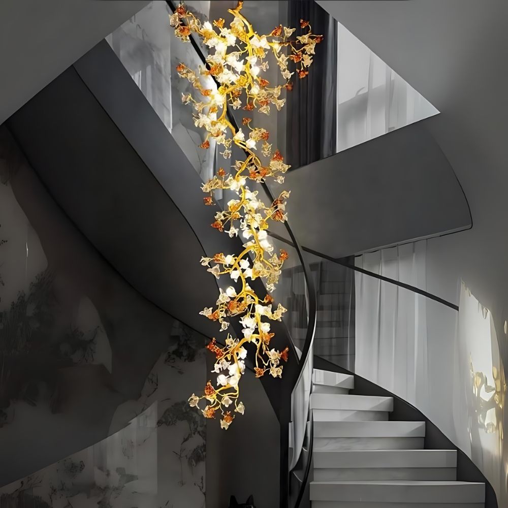 Verdant Branch Copper Vine Glass Flower Stairwell Chandelier by Blushlighting