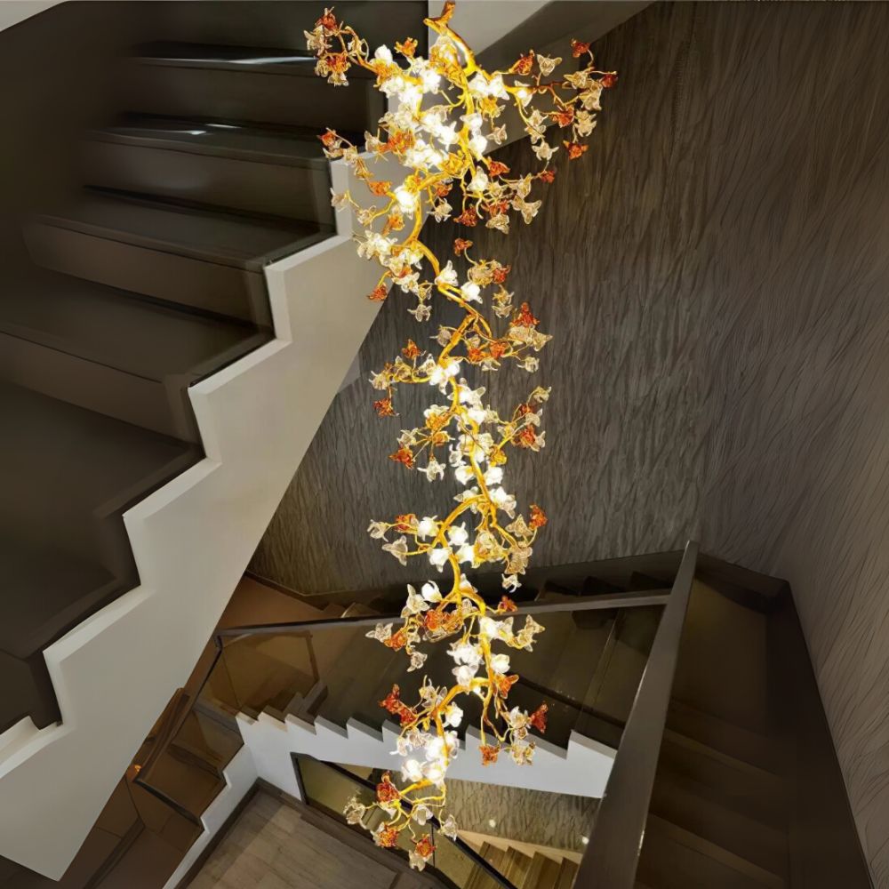 Verdant Branch Copper Vine Glass Flower Stairwell Chandelier by Blushlighting