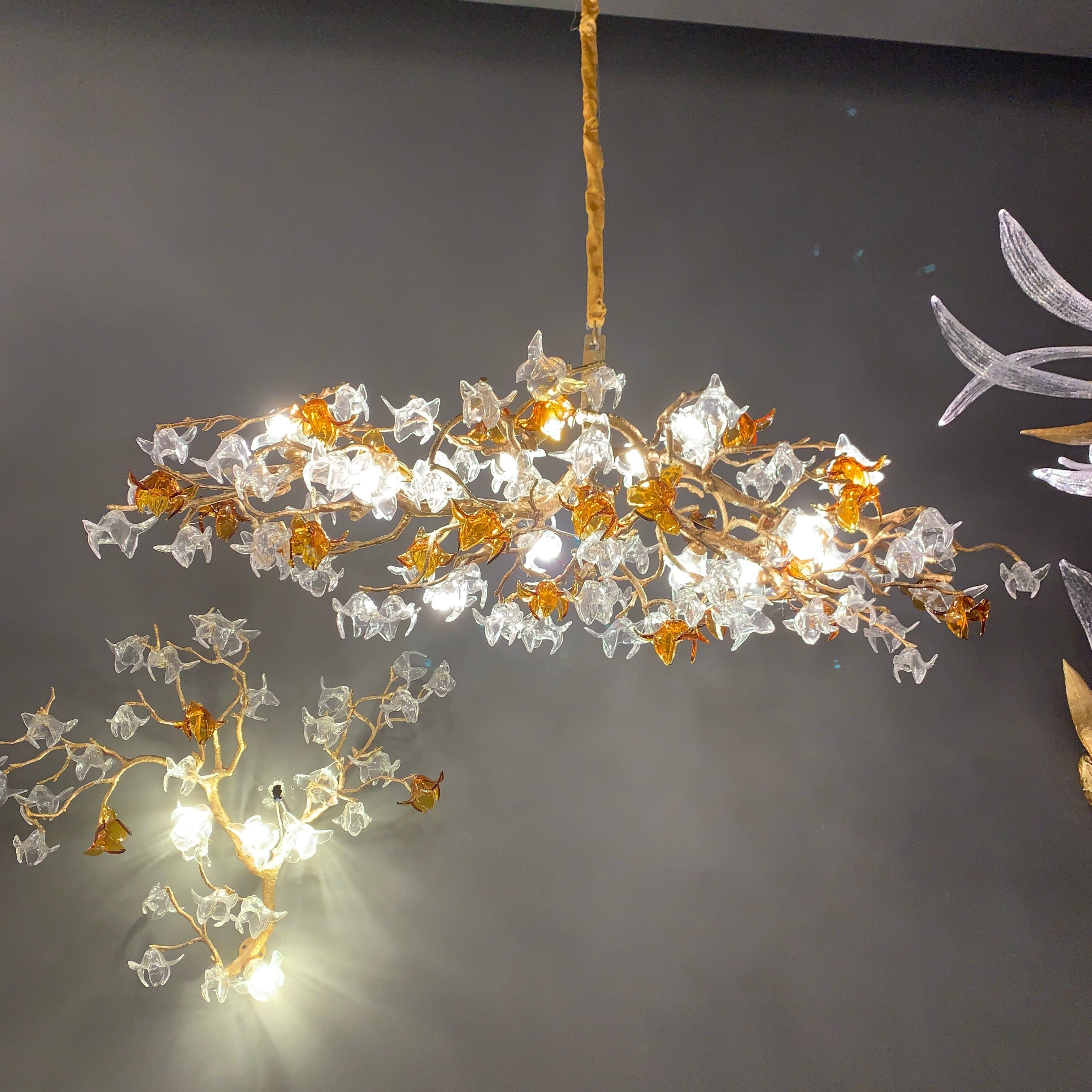 Designer Favorite Brass Branch Chandelier with Artistic Flower Glass for Dining Room Living Room and Kitchen Island-Chandeliers-Blushlighting