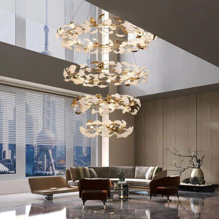Ginkgo Rings Linear Branch Chandelier-chandeliers for dining room,chandeliers for stairways,chandeliers for foyer,chandeliers for bedrooms,chandeliers for kitchen,chandeliers for living room-All white leaves-D47¼"+D39¼"+ D31½" +D23½"-Blushlighting
