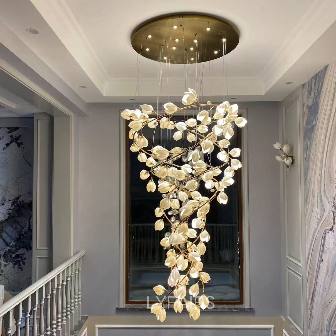 Spiral Pure White Magnolia Chandelier with Golden Branches for Staircase/High-ceiling Space/Foyer/ Duplex-Chandeliers-Blushlighting