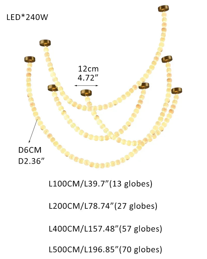 Modern LED Natural Alabaster Globes Beads Hanging Chandelier Indoor Lighting Fixture 167 globes-L100+L200+L400+L500CM L40"+L80"+L157"+L197" Brass + White Modern Pendant lamp