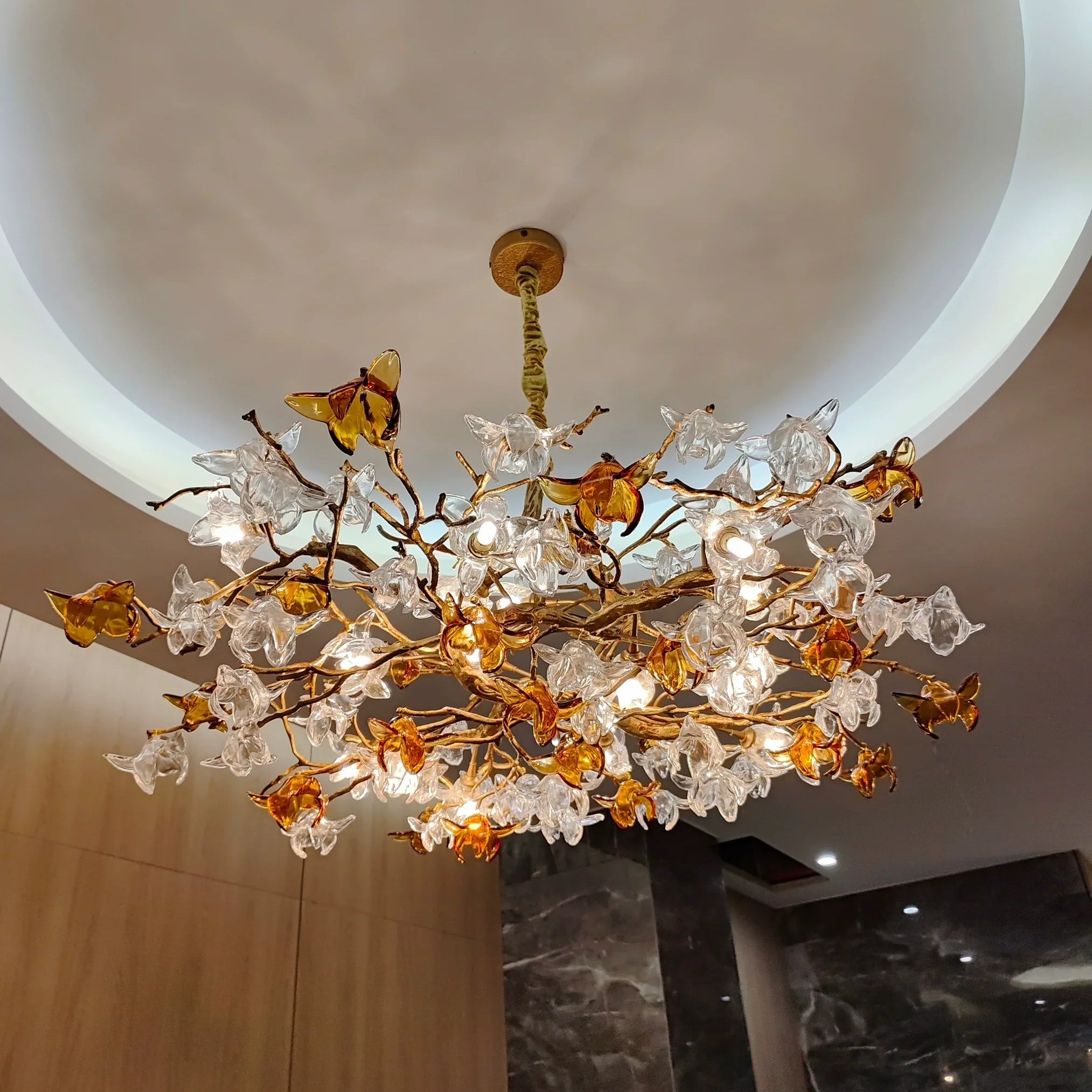 Designer Favorite Brass Branch Chandelier with Artistic Flower Glass for Dining Room Living Room and Kitchen Island-Chandeliers-Blushlighting