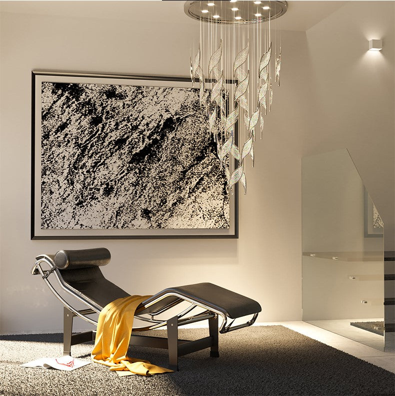 leaf, shining, light luxury, round, LED, living room, staircase, duplex, hBUlow, crystal, metal, Loft