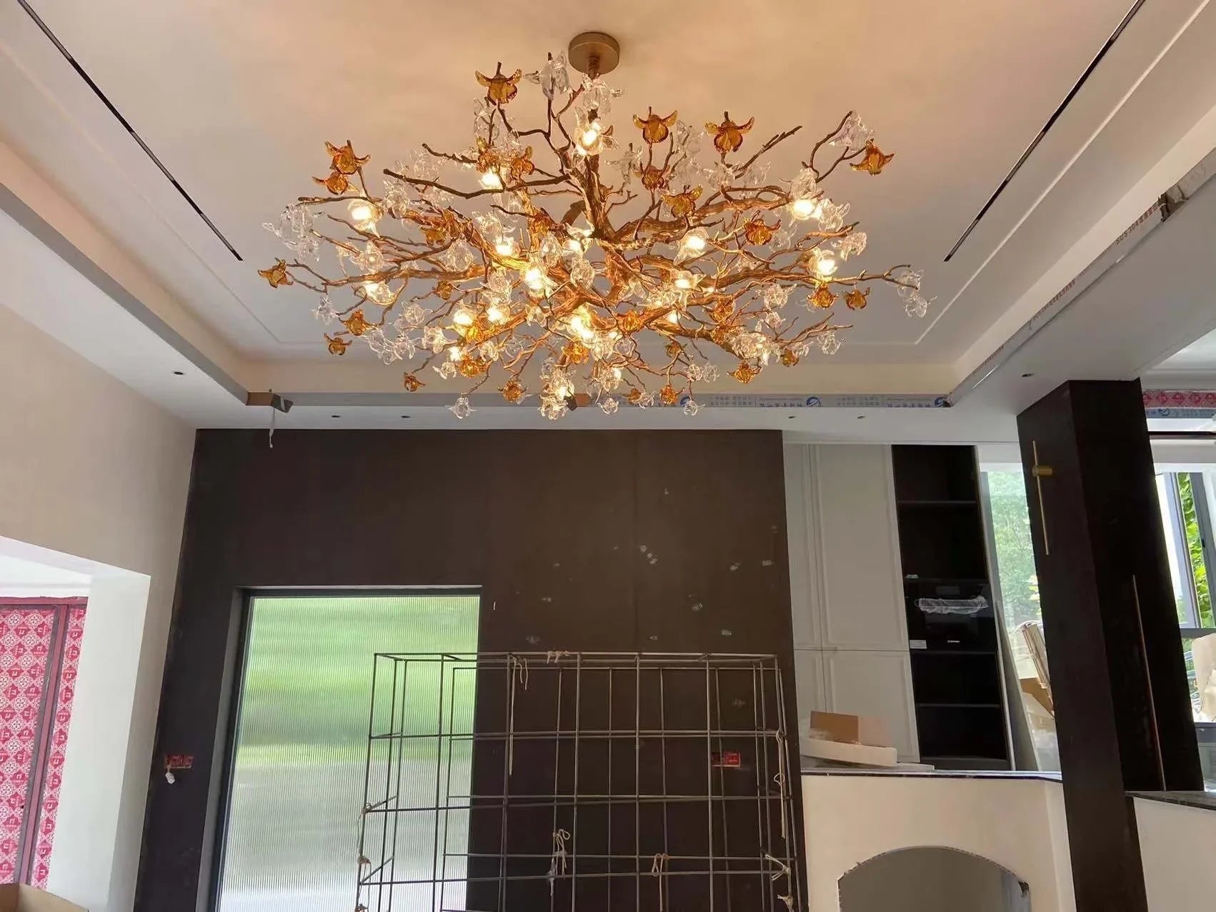 Designer Favorite Brass Branch Chandelier with Artistic Flower Glass for Dining Room Living Room and Kitchen Island-Chandeliers-Blushlighting