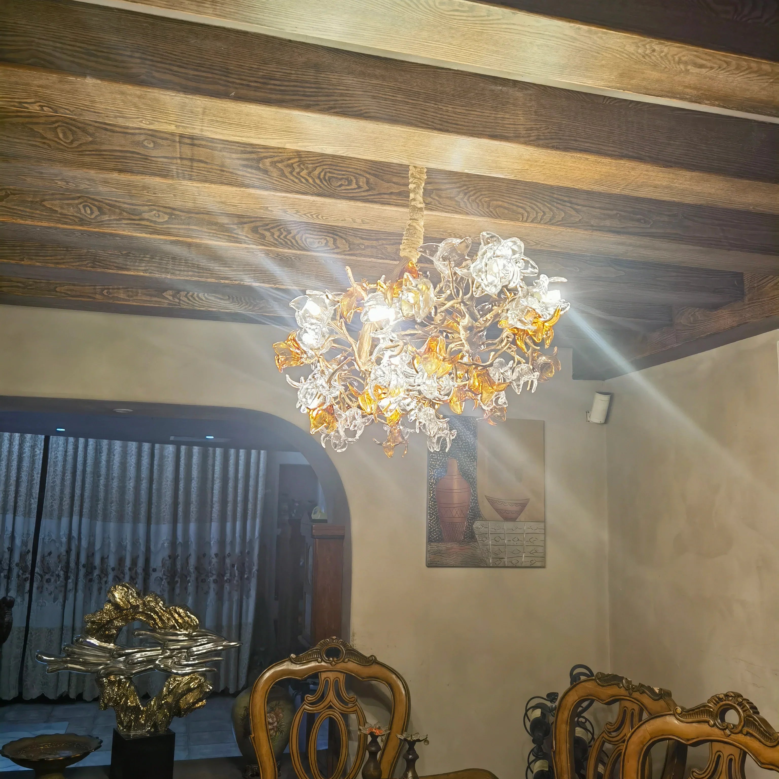 Designer Favorite Brass Branch Chandelier with Artistic Flower Glass for Dining Room Living Room and Kitchen Island-Chandeliers-Blushlighting