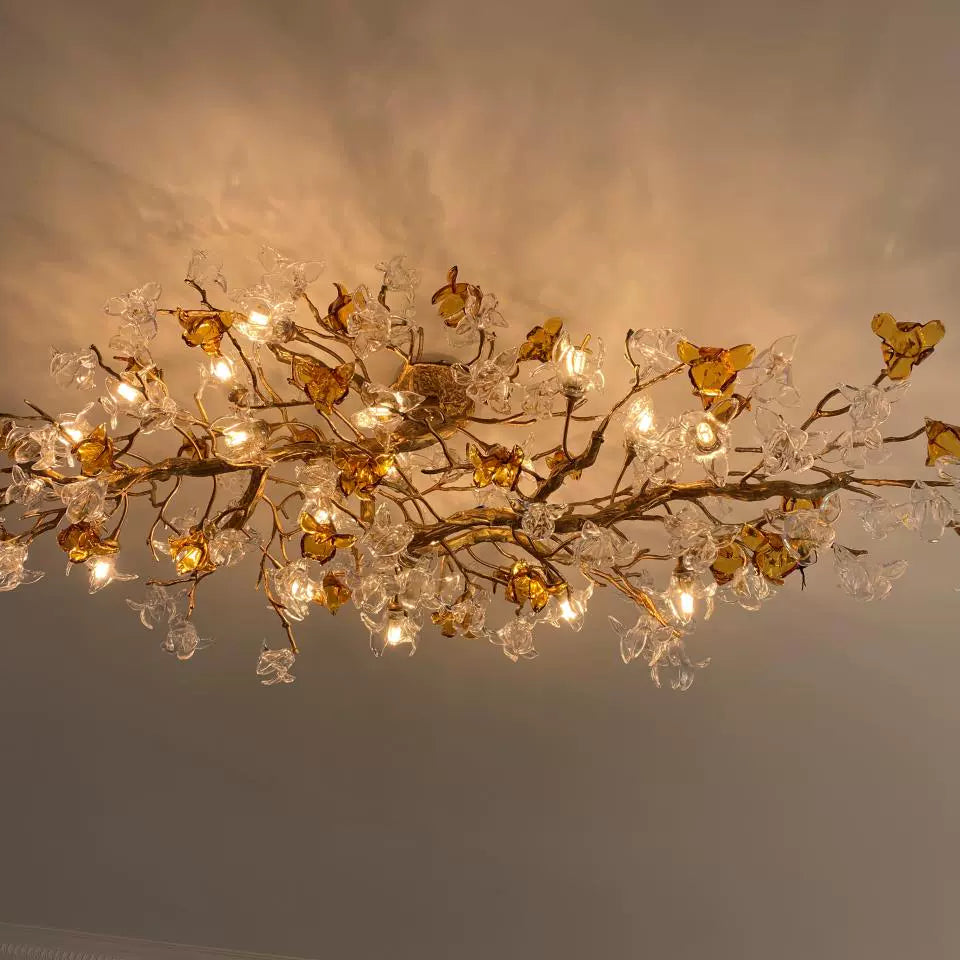 Designer Favorite Brass Branch Chandelier with Artistic Flower Glass for Dining Room Living Room and Kitchen Island-Chandeliers-Blushlighting