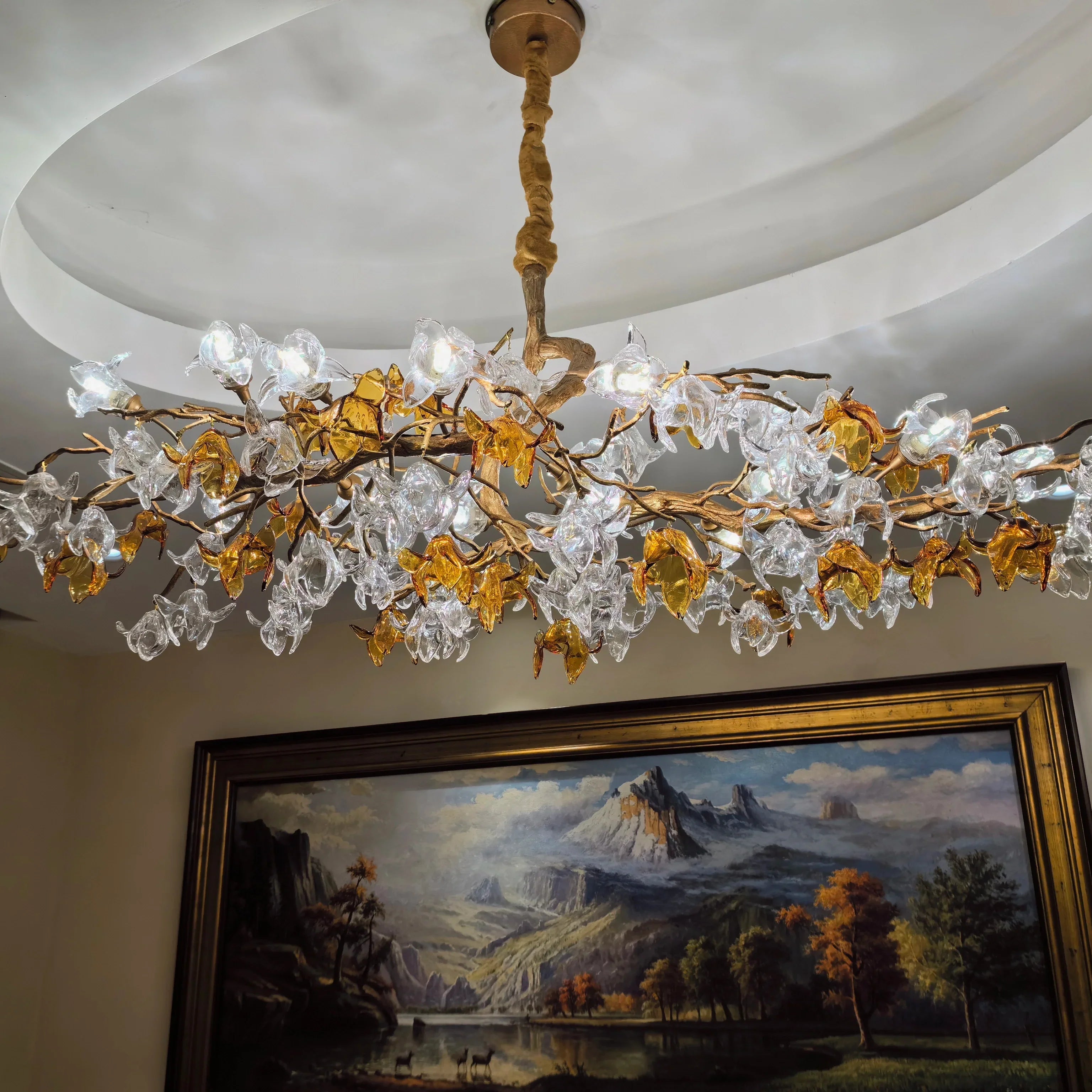 Designer Favorite Brass Branch Chandelier with Artistic Flower Glass for Dining Room Living Room and Kitchen Island-Chandeliers-Blushlighting