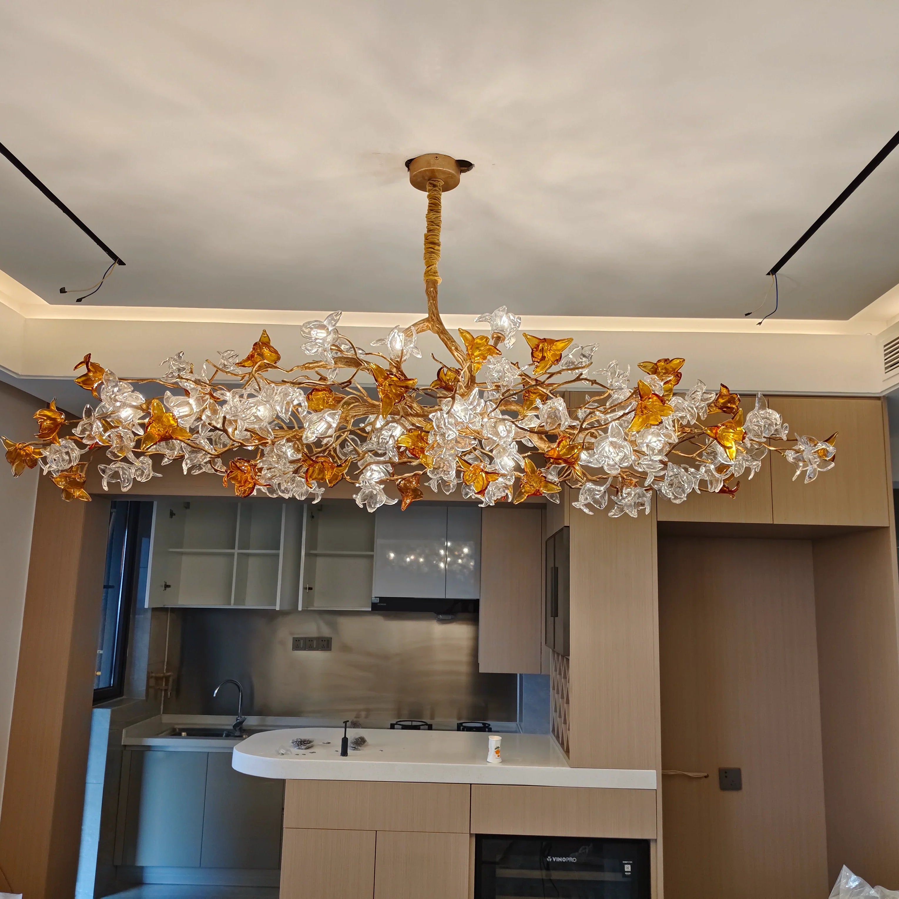 Designer Favorite Brass Branch Chandelier with Artistic Flower Glass for Dining Room Living Room and Kitchen Island-Chandeliers-Blushlighting