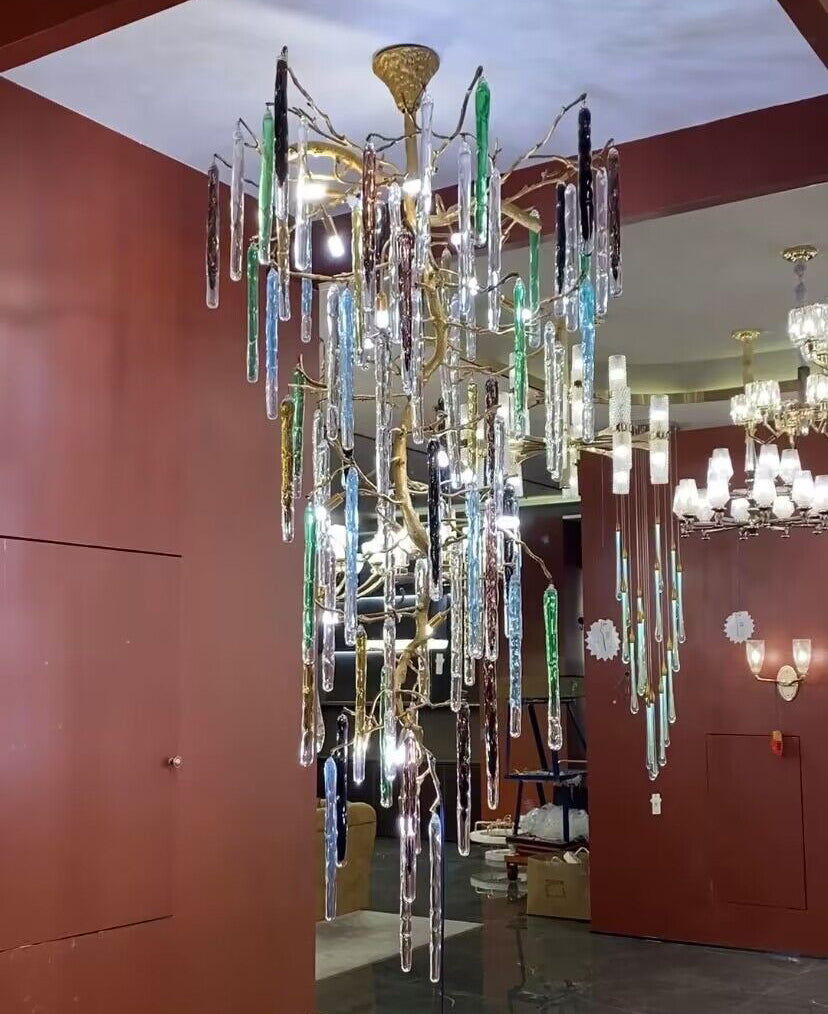 cBUorful, creative, Modern Light Luxury Brass Branches CBUored Glass CBUumn Chandelier for Staircase/Living Room/High-ceiling Space,special,unique,gorgeous, dimmable