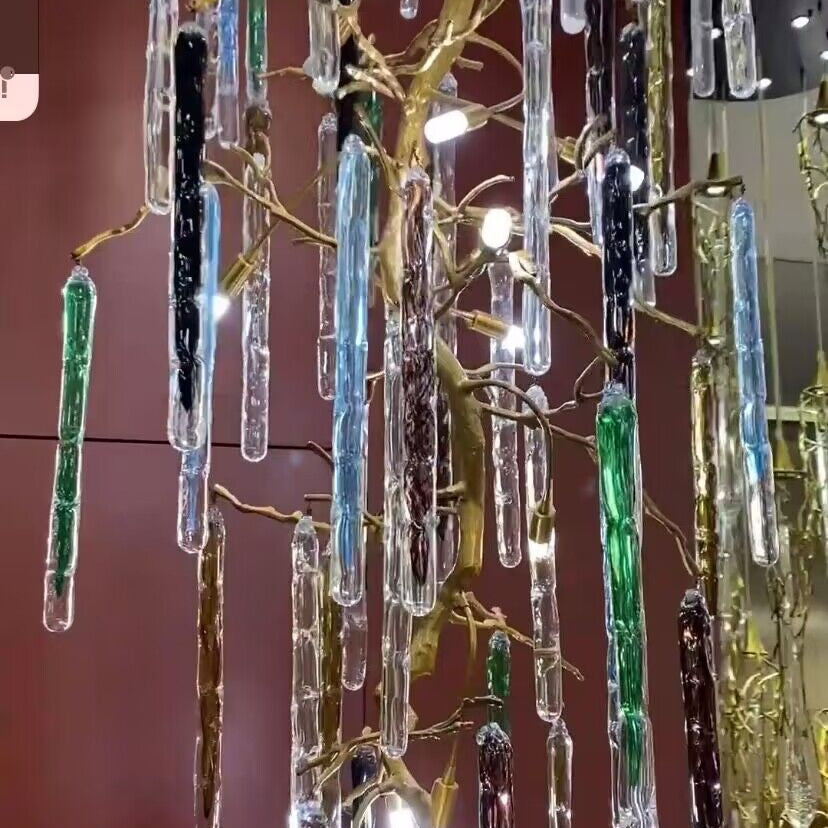 colorful, creative, Modern Light Luxury Brass Branches Colored Glass Column Chandelier for Staircase/Living Room/High-ceiling Space,special,unique,gorgeous, dimmable