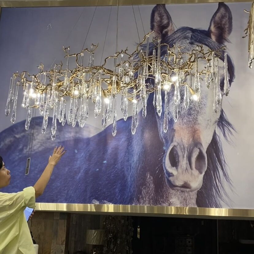 New Clear Crystal Rain Copper Branch Chandelier Modern Designer Pendant Light For Dining Table/Kitchen Island-Chandeliers-Blushlighting