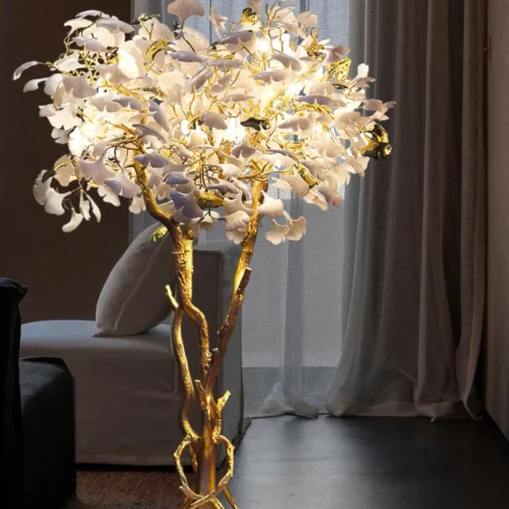 Luxury Creative White Ceramic Ginkgo Biloba Copper Branch Art Design Floor Lamps for Living Room/Bedroom/Dressing Room'