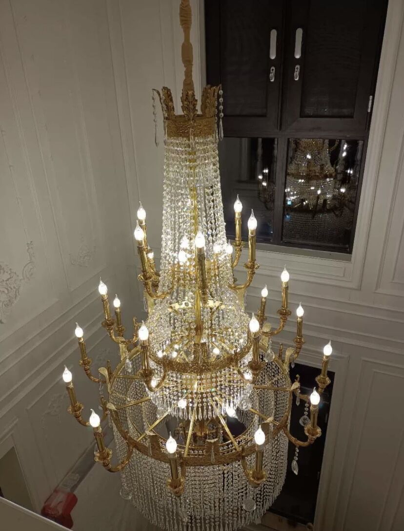 Large Oversized Luxury GBUden Metal Brass Candle Crystal Tassel Chandelier For High-ceiling Staircase/Entryway/Hallway/Living/Meeting Room