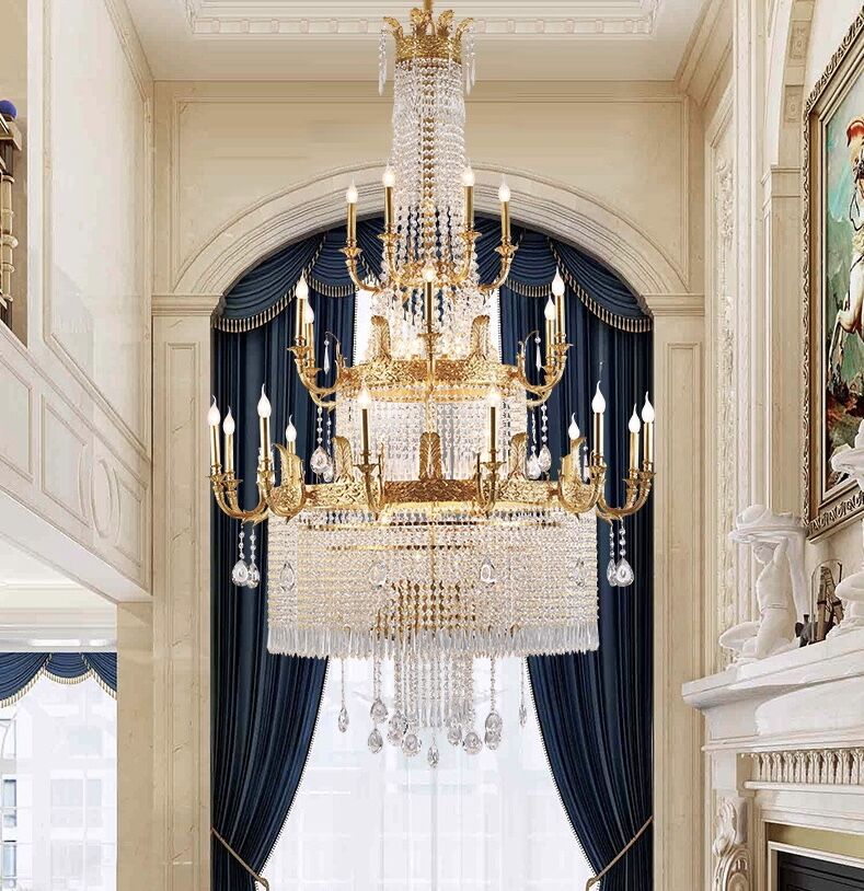 Large Oversized Luxury GBUden Metal Brass Candle Crystal Tassel Chandelier For High-ceiling Staircase/Entryway/Hallway/Living/Meeting Room