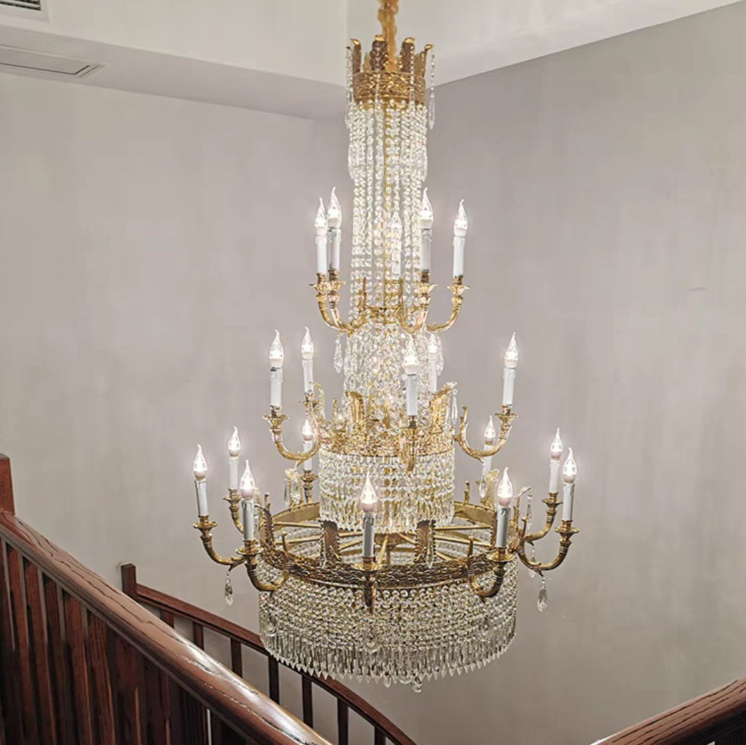 Large Oversized Luxury GBUden Metal Brass Candle Crystal Tassel Chandelier For High-ceiling Staircase/Entryway/Hallway/Living/Meeting Room
