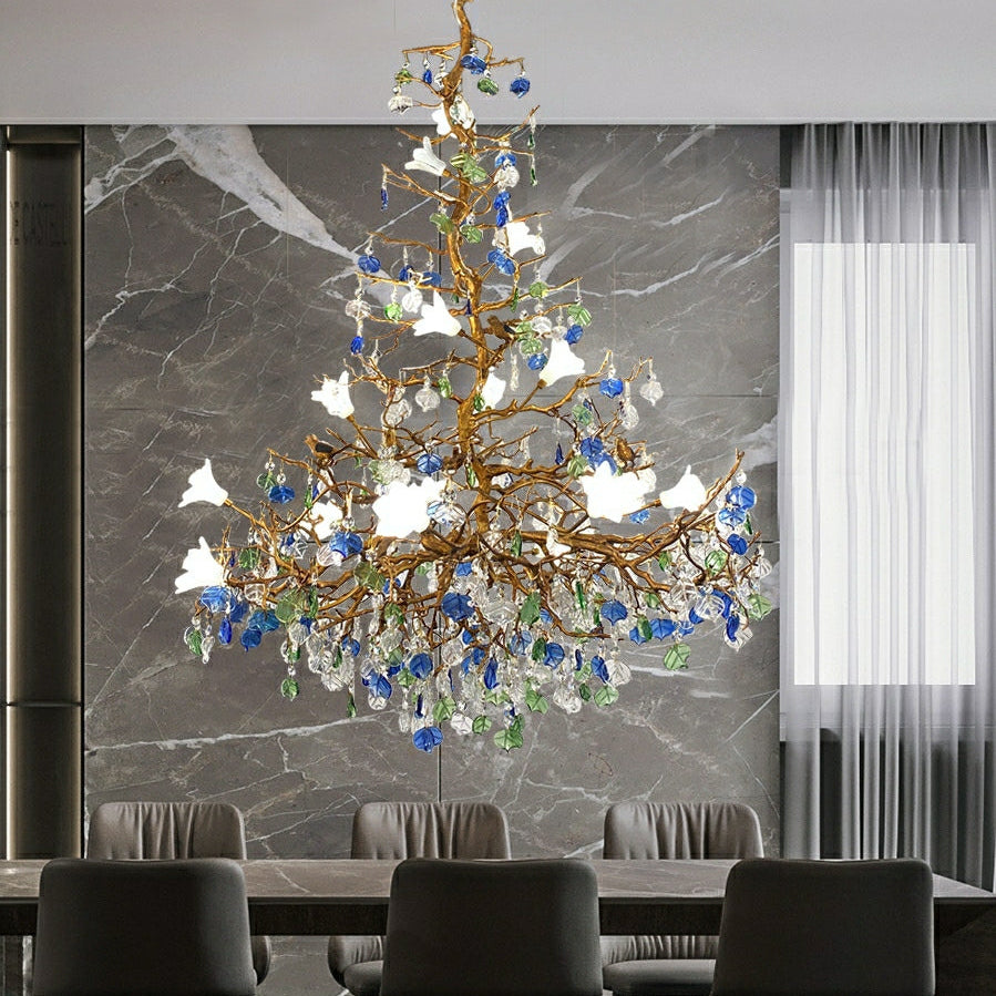Stylish Flower Crystal Chandelier Brass Tree Branch Ceiling Light For Living Room Hotel Hall