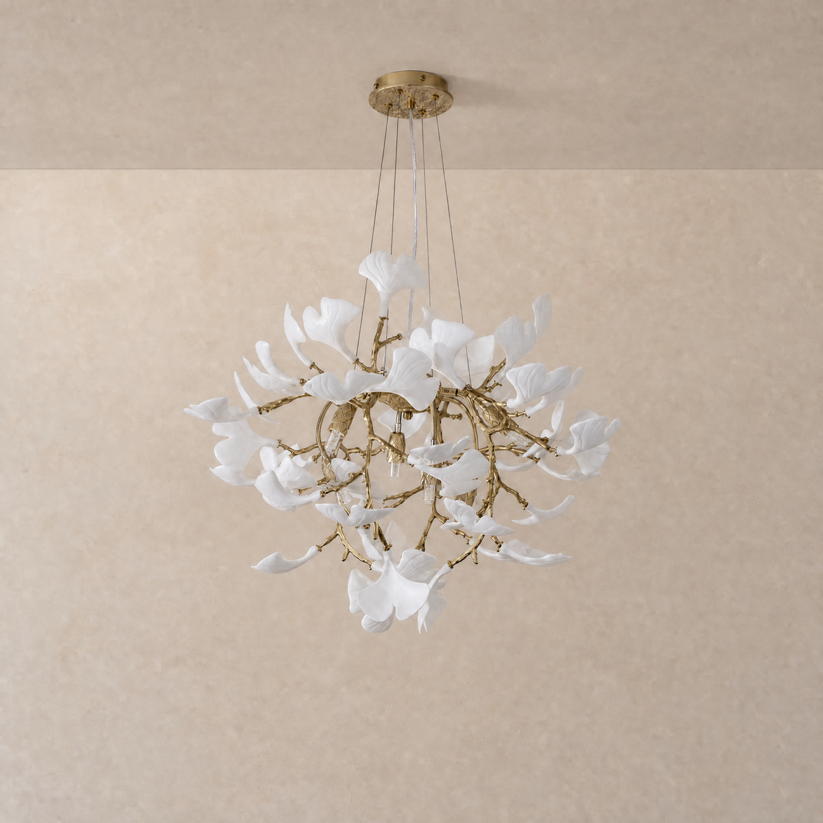 Elegant Ceramic Ginkgo Leaf Chandelier D600 - Matte Gold - unlit
